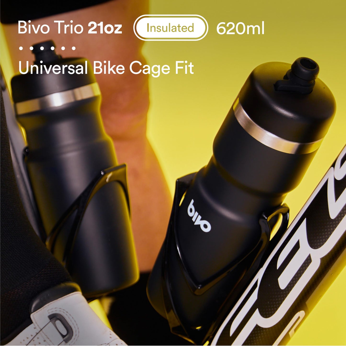 Bivo Trio 21oz Insulated Stainless Steel Bike Water Bottle - for Cycling - Fits Most Cages, Dishwasher Safe - Keeps Drinks Cold 12+ Hours - Black