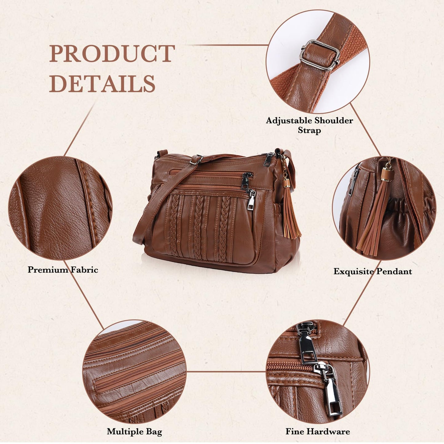 ELDA Purses for Women Pocketbooks Soft PU Leather Ladies Crossbody Purse Multi Pocket Shoulder Bag (Brown)