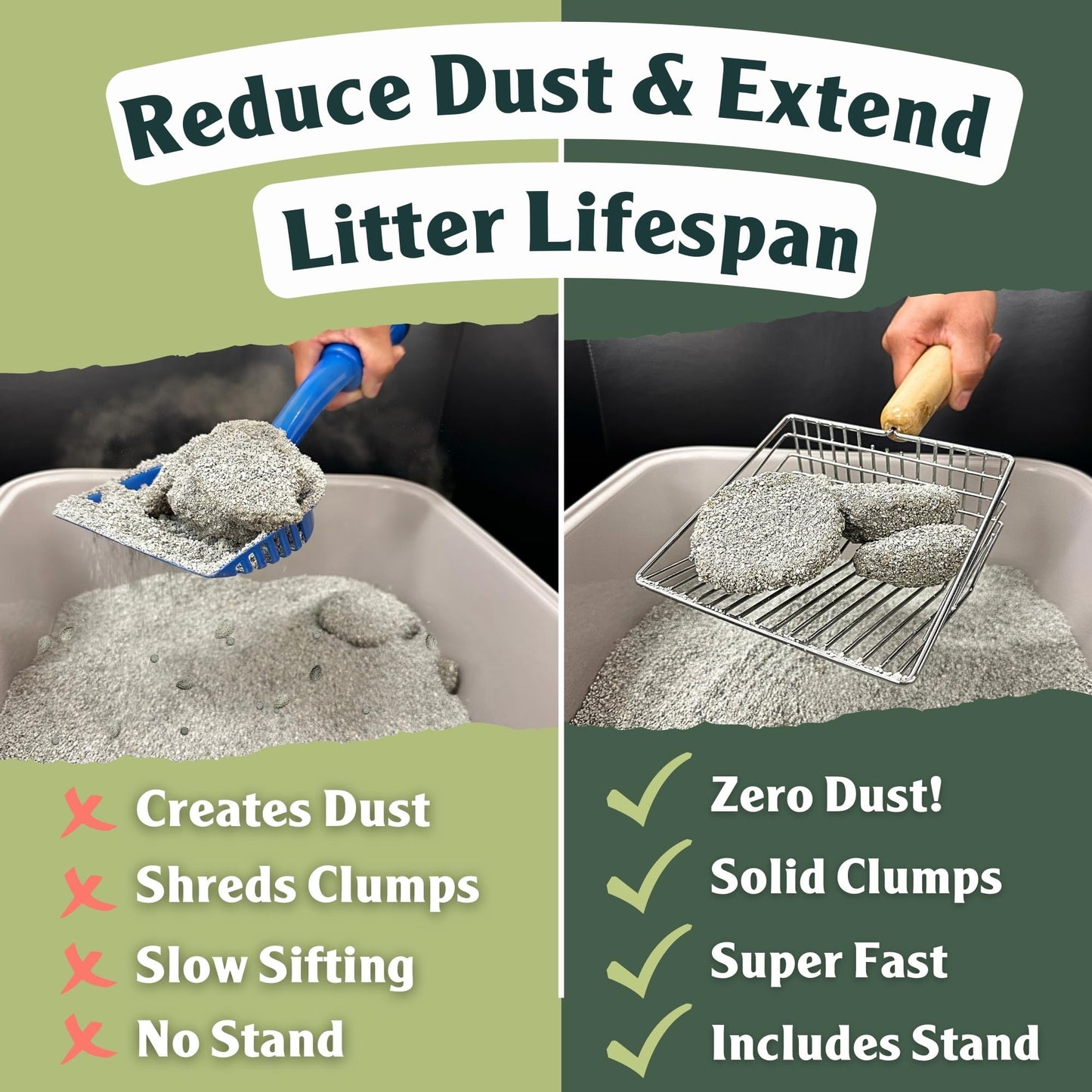 Sprinkle & Sweep Metal Cat Litter Scoop – Heavy Duty Sifter with Beech Wood Grip & Stand, Washable for Fast & Easy Litter Cleaning