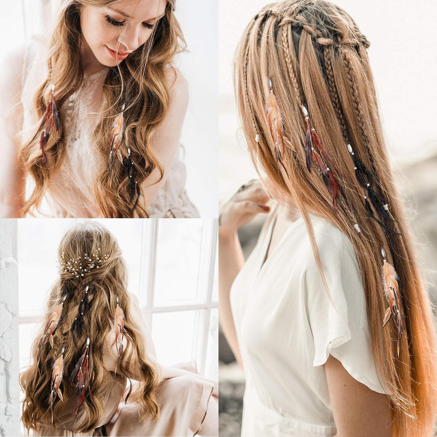 RONRONS 6 Pack Handmade Boho Hippie Hair Extensions with Feather Clip Comb Headdress DIY Accessories for Women (Brown, Black, Khaki)