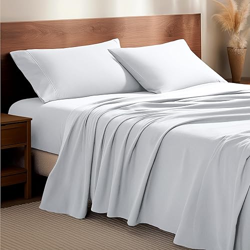 Bare Home Flannel Sheet Set 100% Cotton, Velvety Soft Heavyweight - Double Brushed Flannel - Deep Pocket (Queen, White)