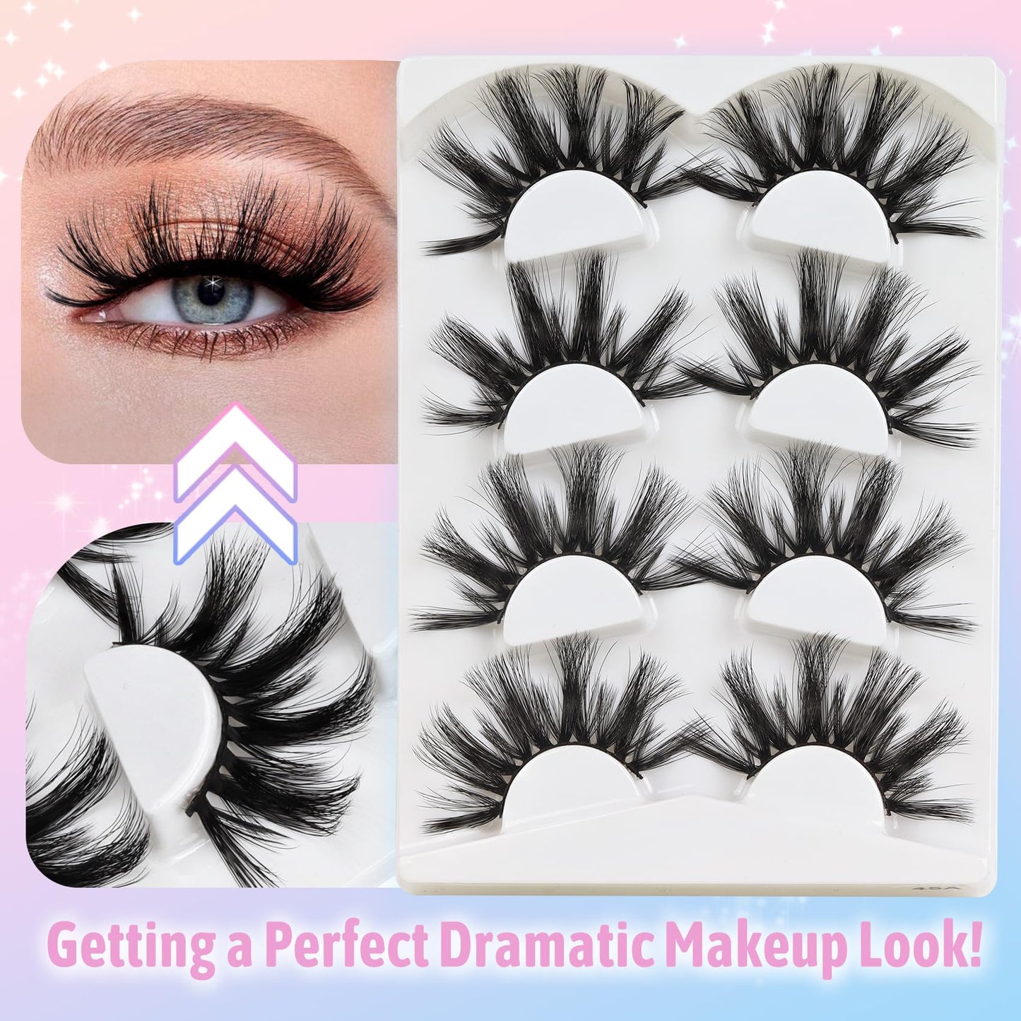 Losha 25mm Lashes 3D Faux Mink Lashes Fluffy Volume Eyelashes Thick Crossed Luxurious Soft Wispy Lashes Pack 4 Pairs Dramatic Eye Makeup (45A)