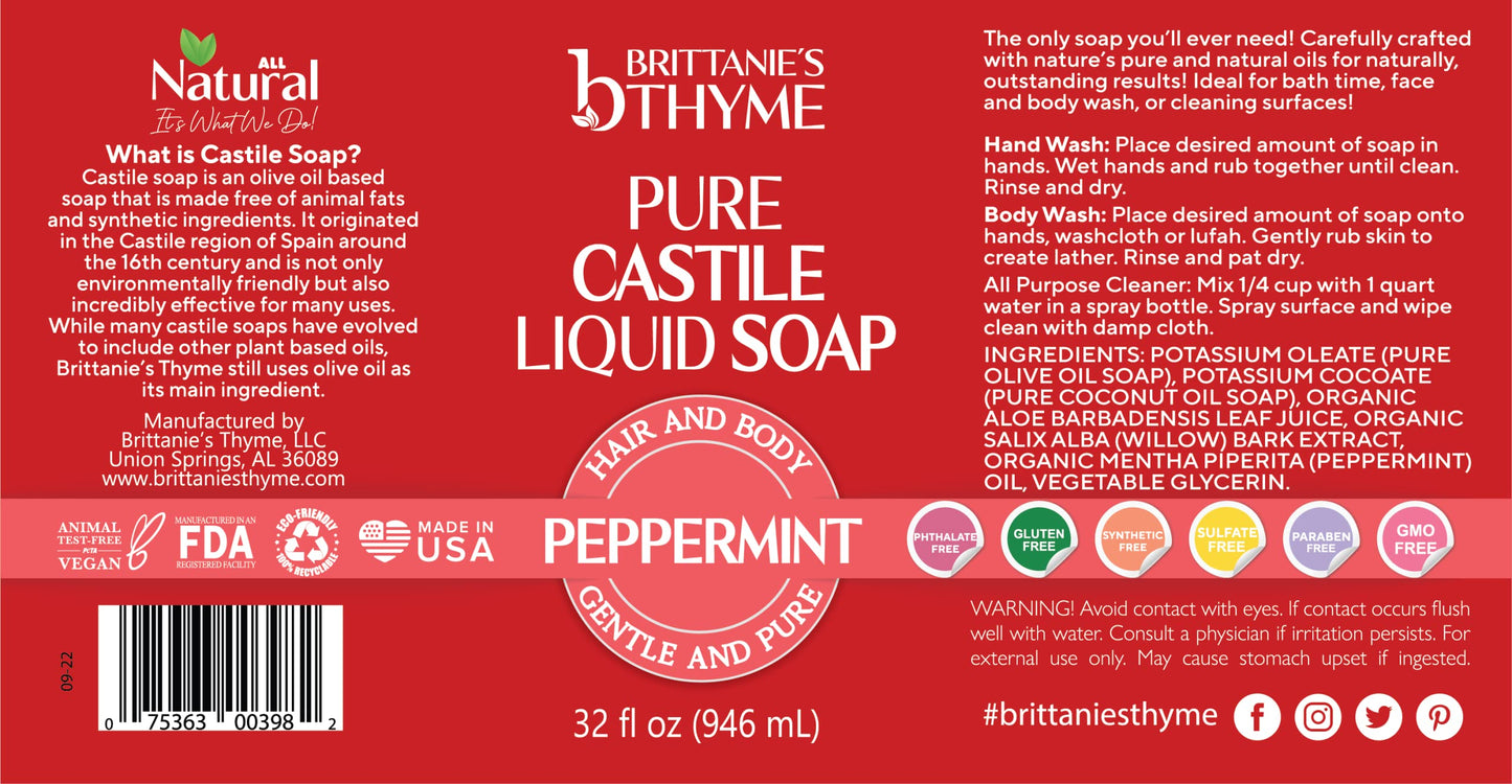 Brittanie’s Pure Castile Liquid Soap Refill, Peppermint, 32 Ounce | Dish Soap, Hair & Body, Home, Gentle and Pure, Made with Natural Luxurious Oils
