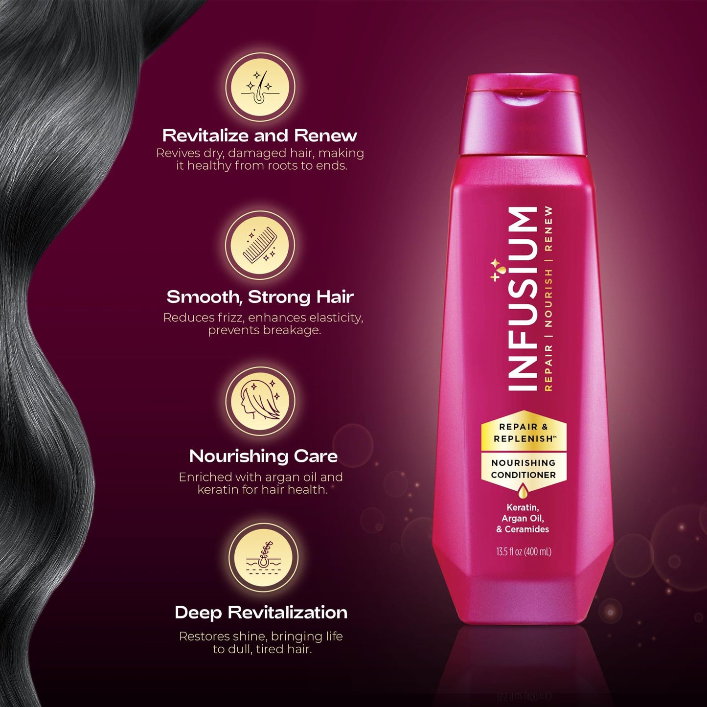 Infusium Repair and Volumize Conditioner - Hair Conditioner with Collagen and Hyaluronic Acid - Plumps Hair, Reduces Brittleness and Frizz - 13.5 oz