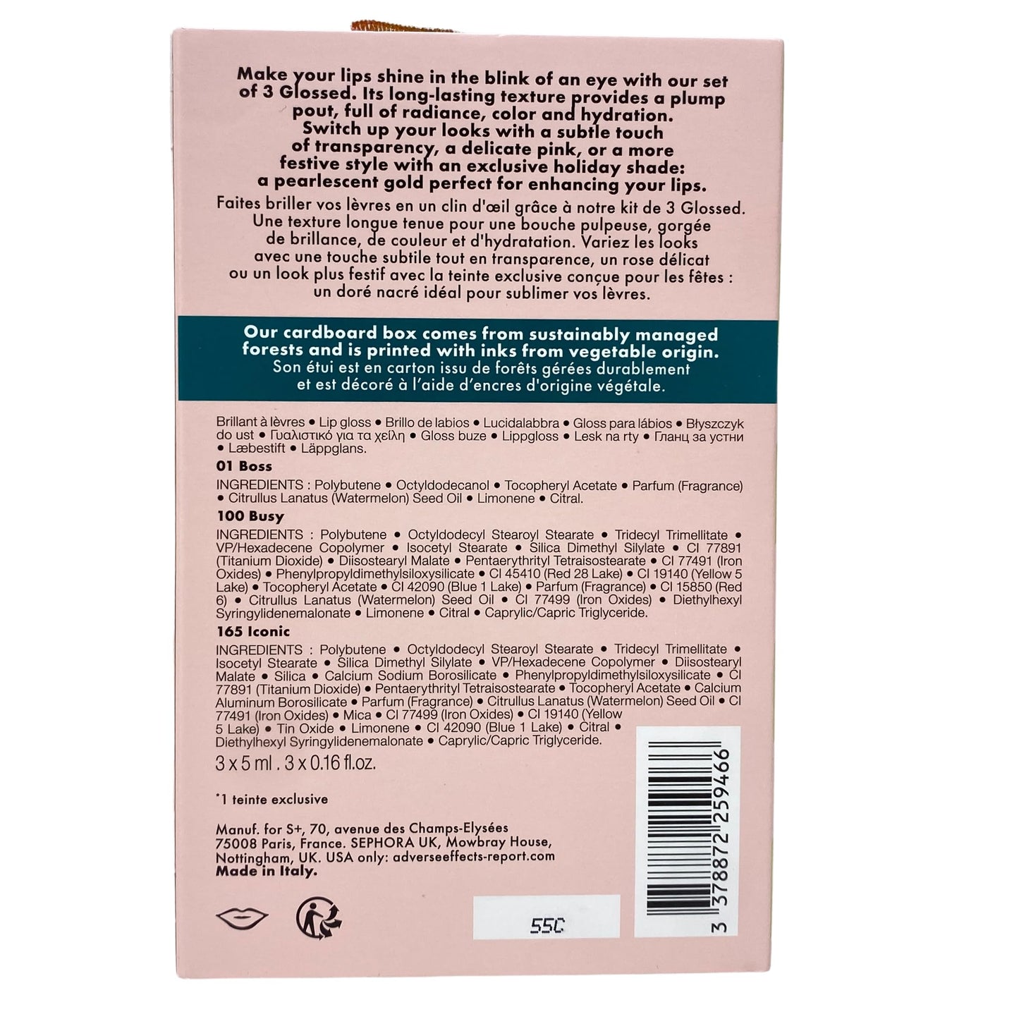 SEPHORA Collection Glossed Lip Gloss Trio Gift Set - 3 x 5 mL Glossed Lip Gloss in 01 Boss, 100 Busy and165 Iconic.