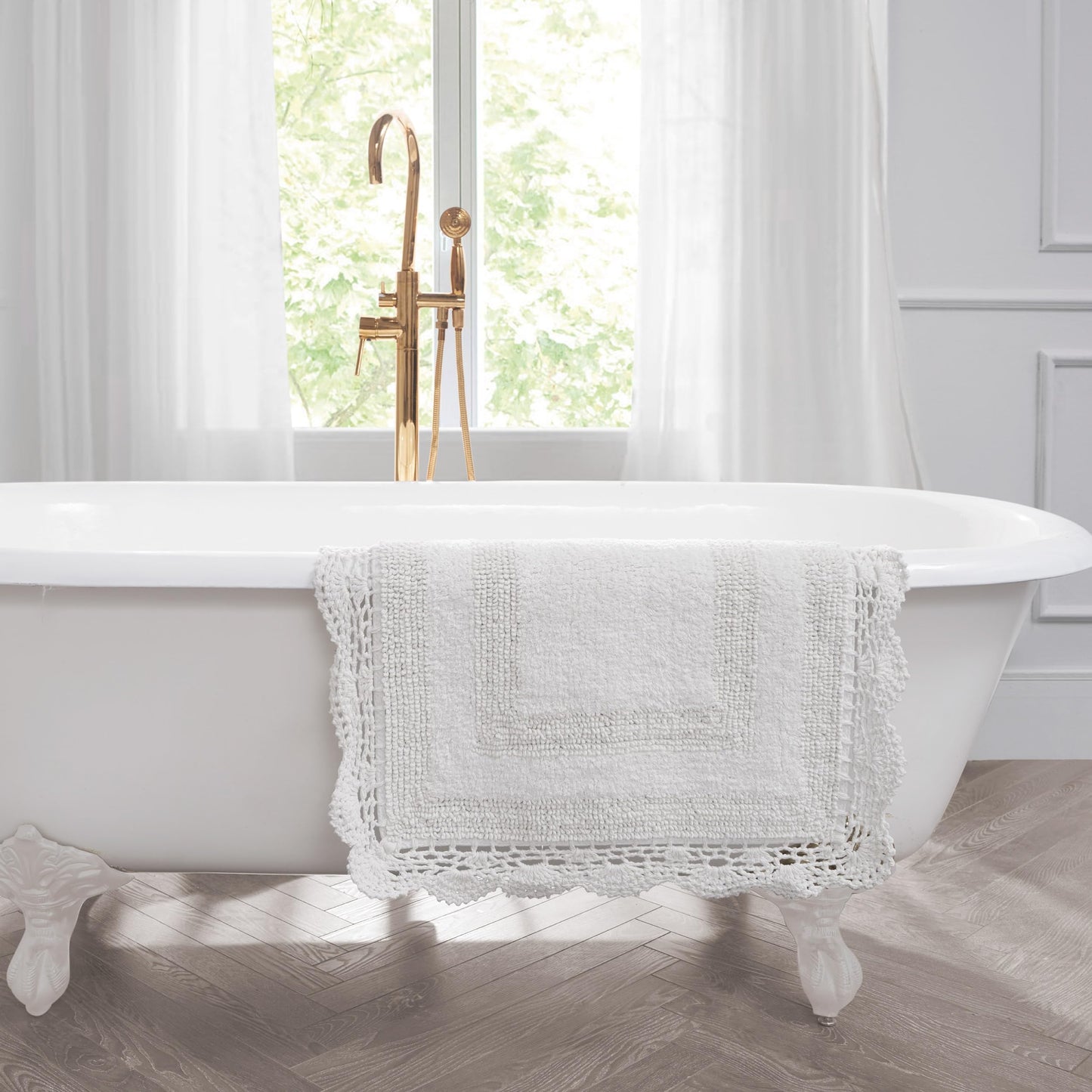 Laura Ashley Absorbent Bath Mat Reversible Crochet Soft and Plush Bathroom Mat 100% Cotton 2-Piece Bath Rug Set, White