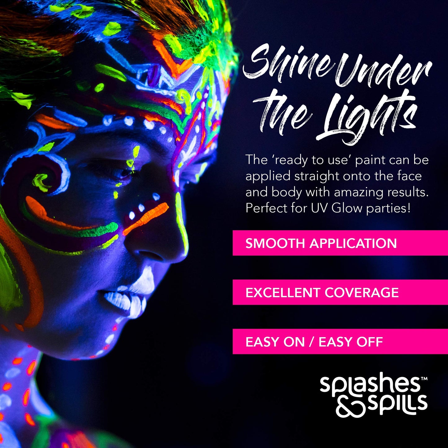 UV Face and Body Paint 10ml - 6 Pack - Neon Glow in the Dark Body Paint for Adults - Non Toxic, Vivid UV Reactive Makeup for Blacklight Parties