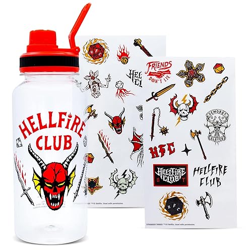 Toynk Stranger Things Hellfire Club Twist Spout Water Bottle and Sticker Set | BPA-Free Plastic Sports Jug | Holds 32 Ounces