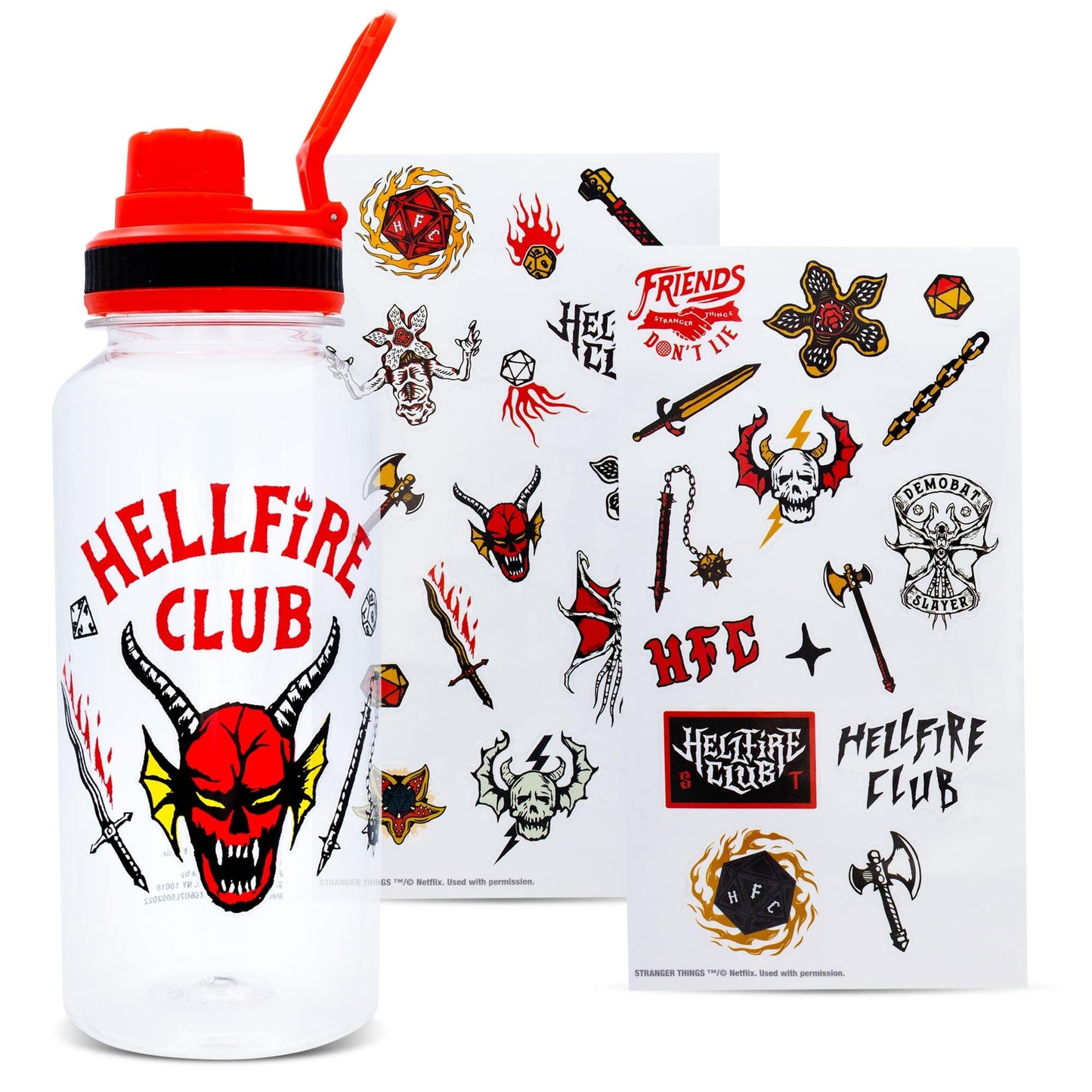Toynk Stranger Things Hellfire Club Twist Spout Water Bottle and Sticker Set | BPA-Free Plastic Sports Jug | Holds 32 Ounces
