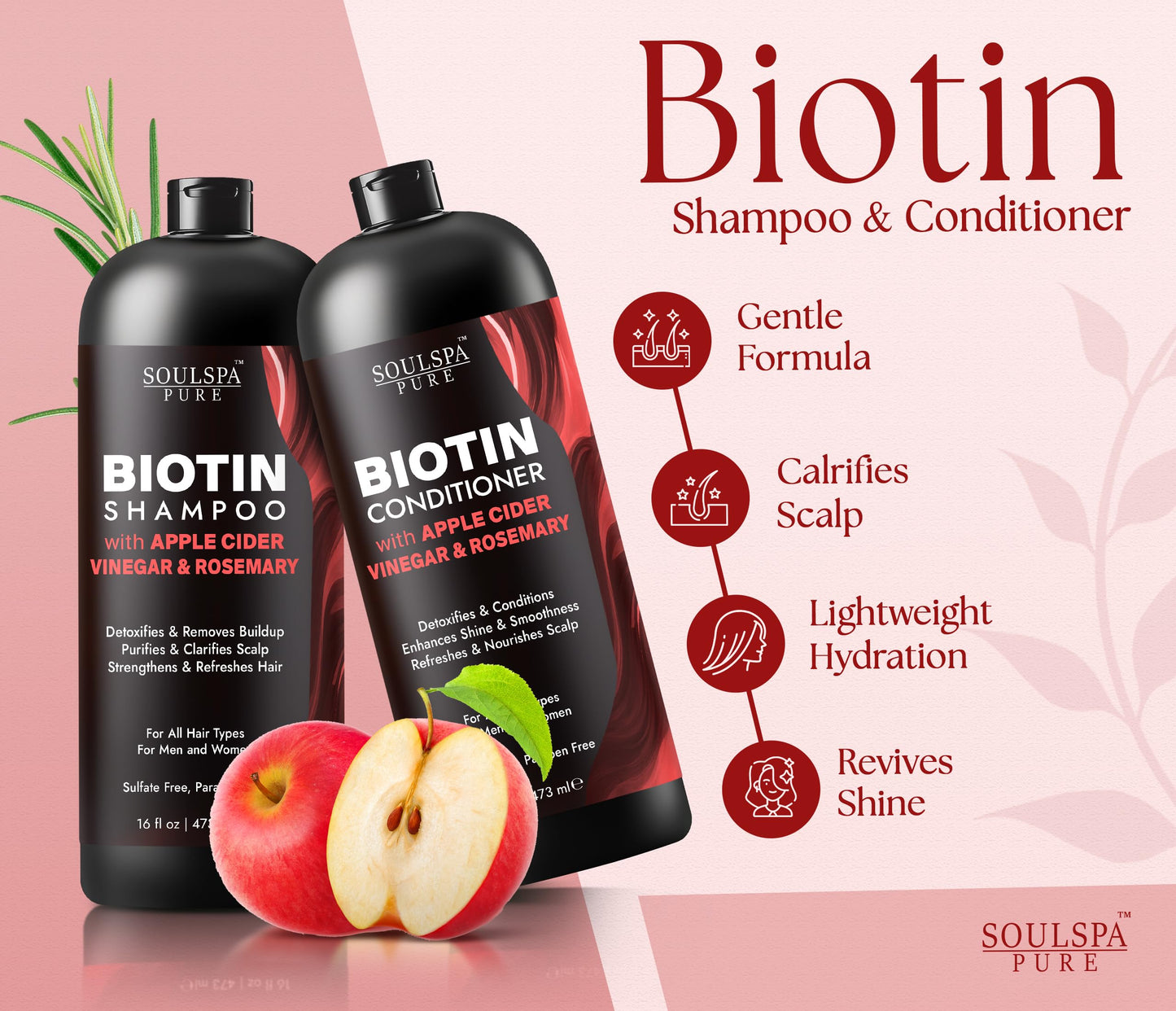 SOULSPA PURE Apple Cider Vinegar Biotin Shampoo and Conditioner Set - ACV Clarifying Scalp Care with Rosemary Oil & Keratin - Sulfate Free for Oily