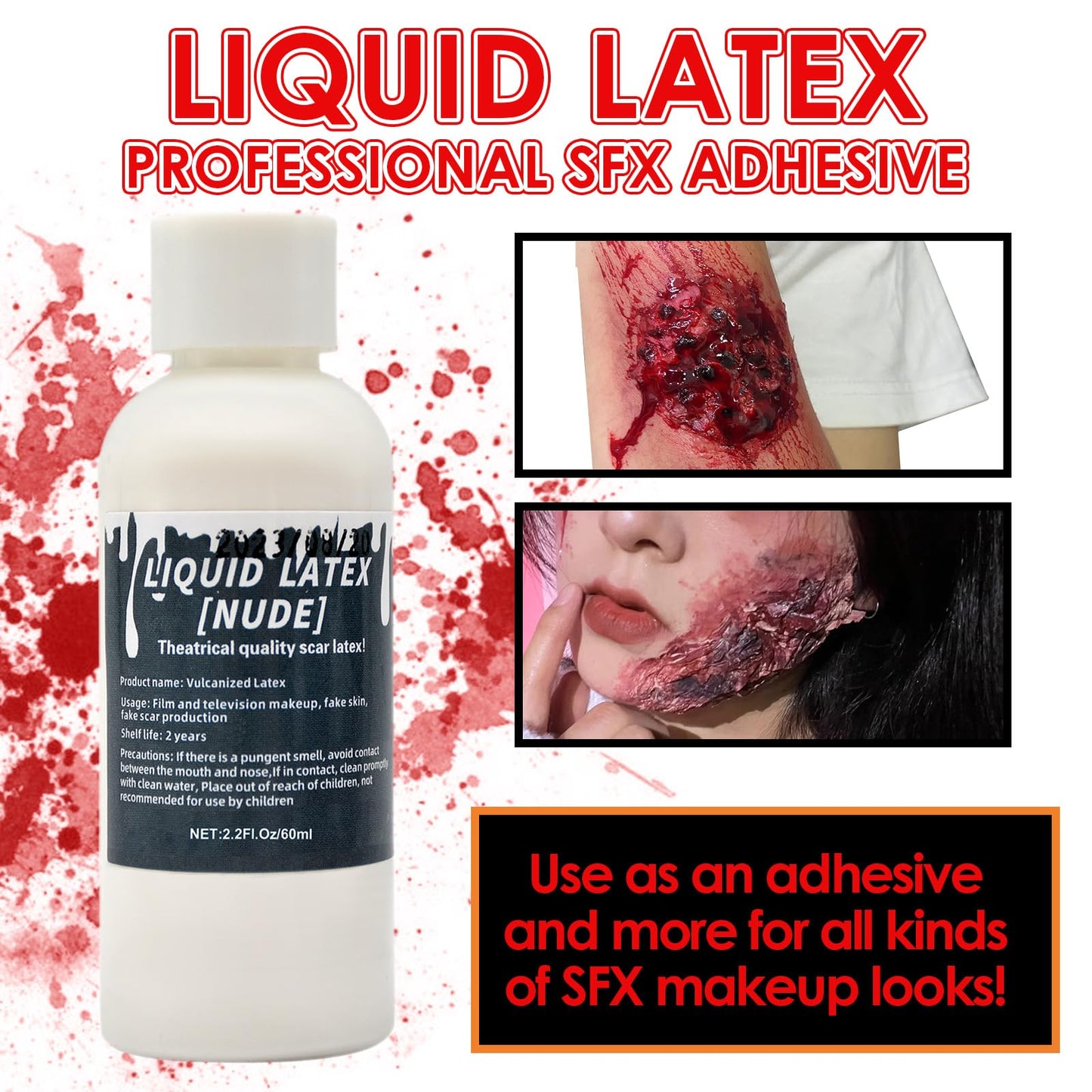 2.2 fl oz Liquid Latex Halloween SFX Makeup Kit, Clear Adhesive Latex Glue for Skin Special Costume Effects for Realistic Scar Cut Wounds Peeling Skin