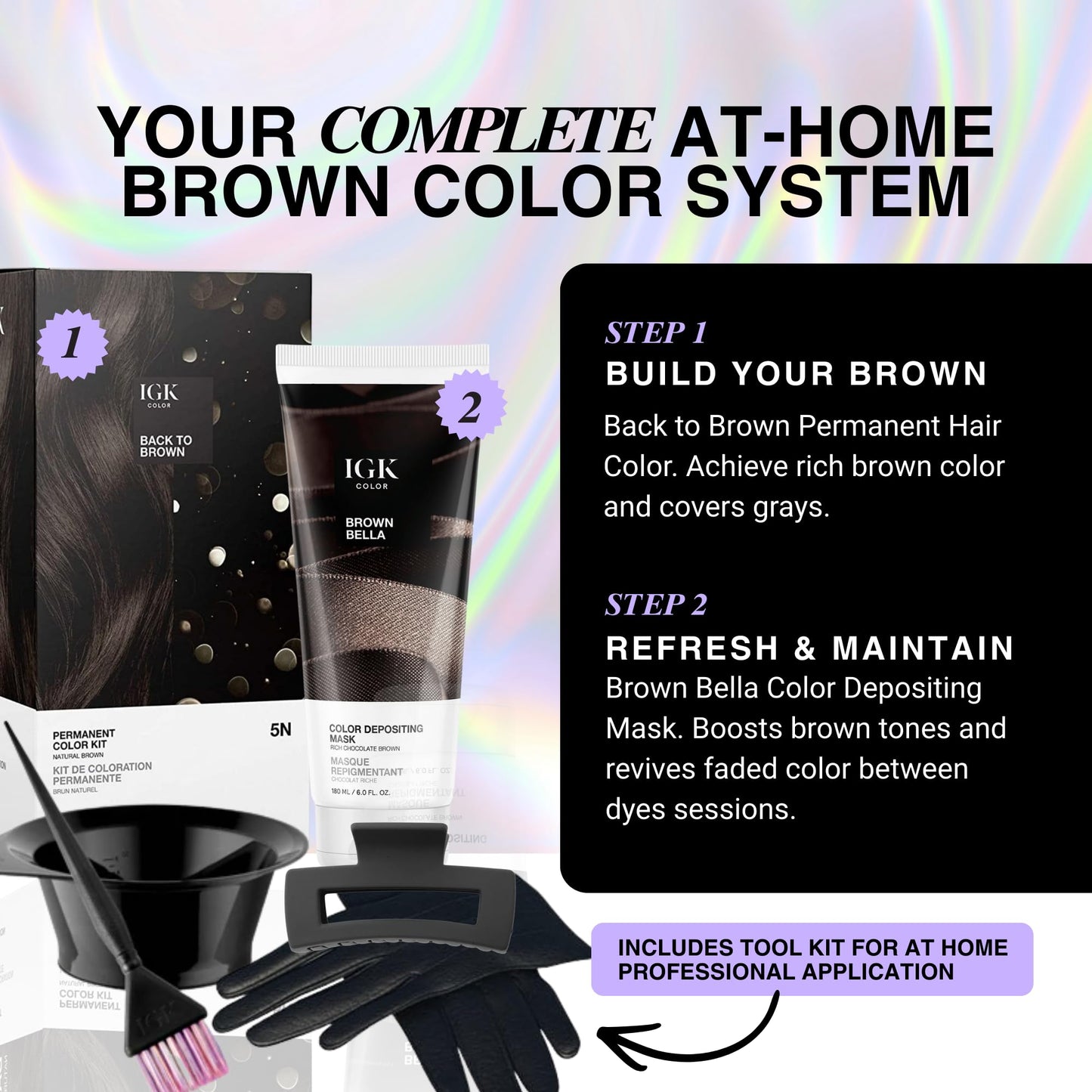 IGK At-Home Brown Hair Color System | Permanent Color, Tone-Refreshing Mask & Tools | Long-Lasting Color, Tone Refresh & Rich Shine