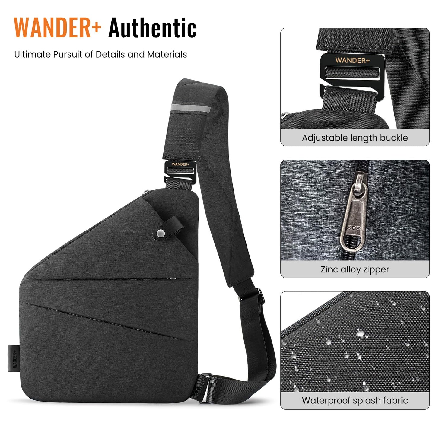 WANDER PLUS Anti Theft Crossbody Bag, Shoulder Bag Anti-theft Design for Travel, Sport, Work, Black