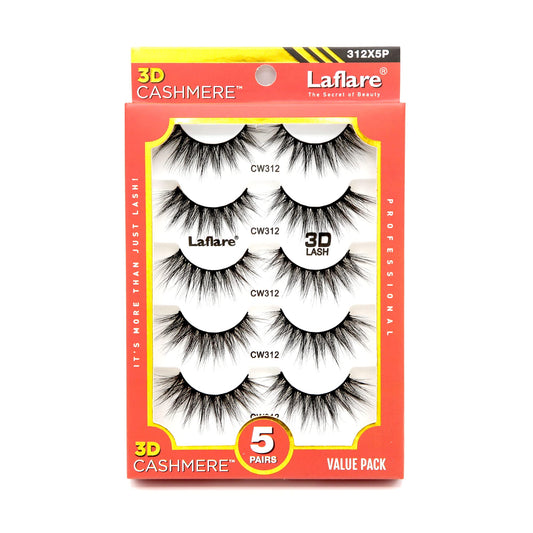 Laflare 3D Cashmere False Eyelashes Multipack, Ultra Soft, Glam, Luxurious, Cruelty-Free, Reusable, Fake Eyelashes 5 Pairs Value Pack (312X5P)