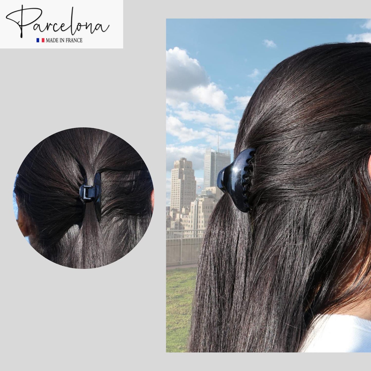 Parcelona French Skinny Boss Small 2 1/4" Black N Shell Celluloid Acetate Claw with Tight Spring Set of 2 Jaw Hair Claw Clips for Fine Hair, Made