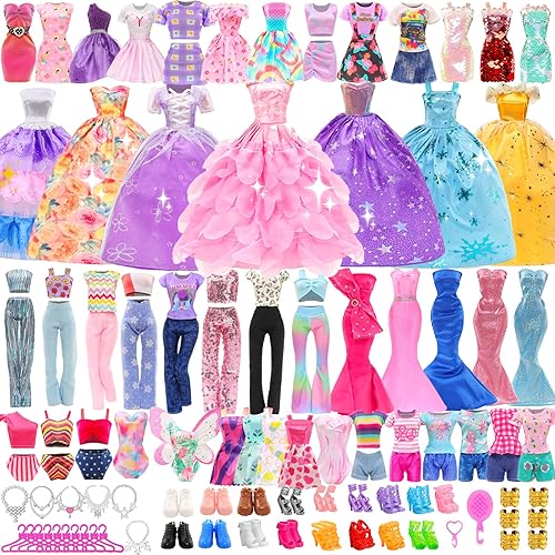 57 PCS Doll Clothes and Accessories 3 Wedding Gowns 3 Tops 3 Pants 3 Fashion Dresses 1 Evening Dresses 2 Swimsuits Bikini 6 Braces Skirt 10 Hangers…