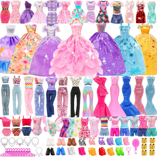 57 PCS Doll Clothes and Accessories 3 Wedding Gowns 3 Tops 3 Pants 3 Fashion Dresses 1 Evening Dresses 2 Swimsuits Bikini 6 Braces Skirt 10 Hangers…
