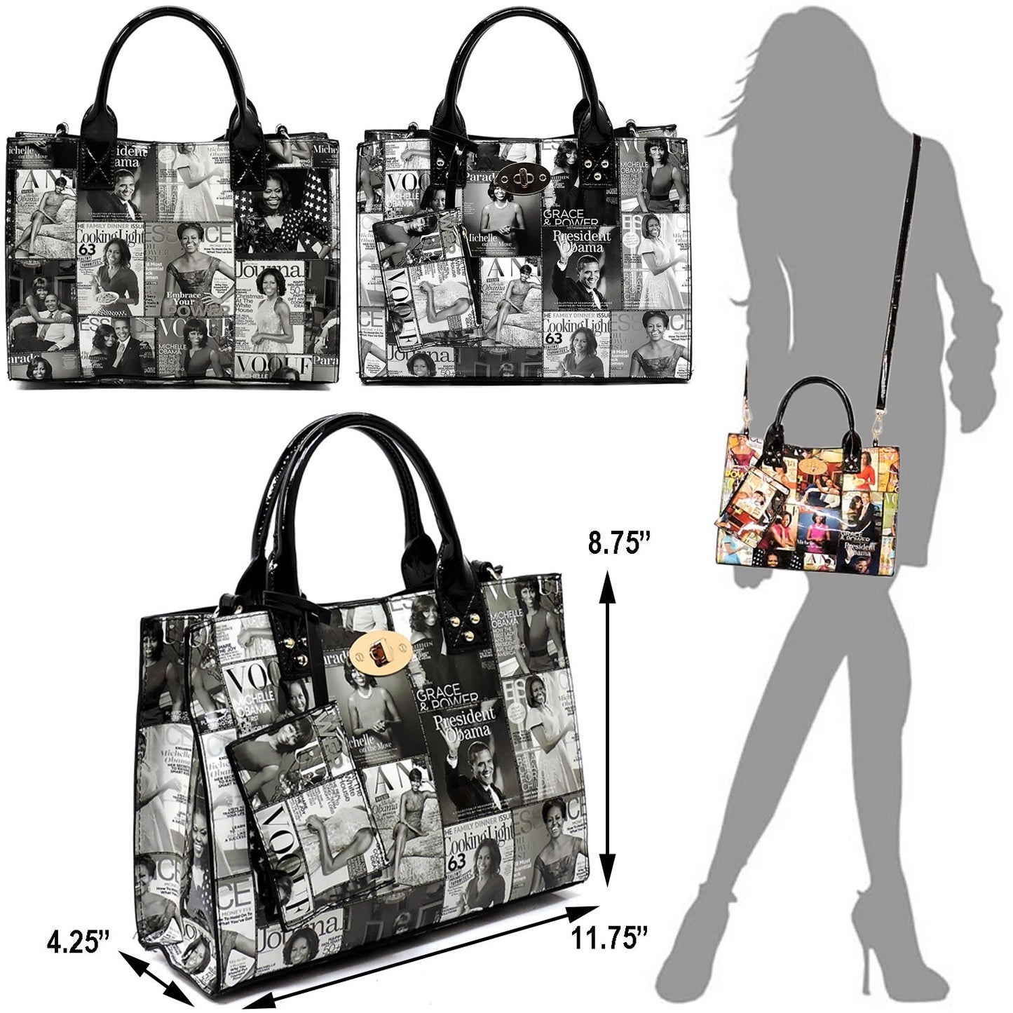 AMY&JOEY Glossy magazine cover collage crossbody bag purses Michelle Obama mini handbag (GREY/BLACK)