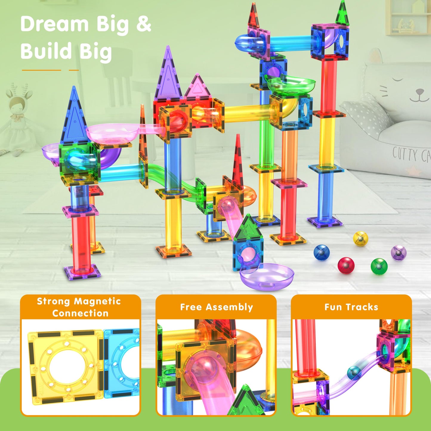PicassoTiles 150pcs Magnetic Marble Run – STEM Construction Toy with Slides, Ramps & Tubes, Educational Magnet Set for Kids Ages 3+