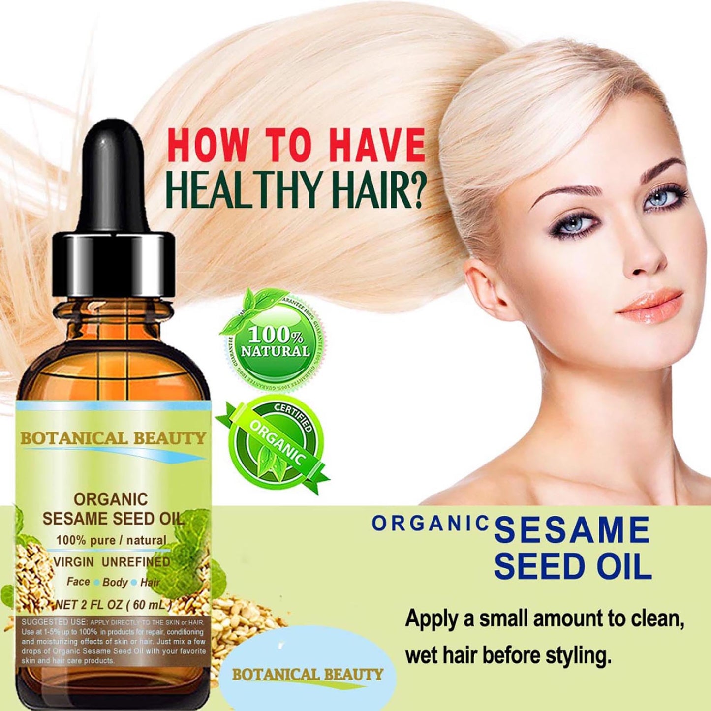 Organic SESAME SEED OIL 100% Pure Natural Virgin Unrefined Undiluted Cold Pressed Carrier Oil for Face, Skin, Body, Hair, Massage, Nails. 2 Fl. oz