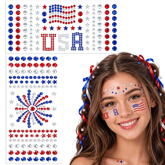 Go Ho 4th of July Face Hair Gems, 2 Sheets Self Adhesive Face Jewels for Women, Red White and Blue Gem Stickers Eye Rhinestones, USA American Flag Beauty and Personal Care Go Ho Default Title