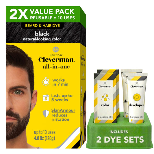 2X Reusable Hair & Beard Dye for Men - Black | Up to 10 Uses, 7 Minutes | Natural Gray Coverage, No-Drip Cream with SkinArmour® - Cleverman Beauty and Personal Care CLEVERMAN Default Title
