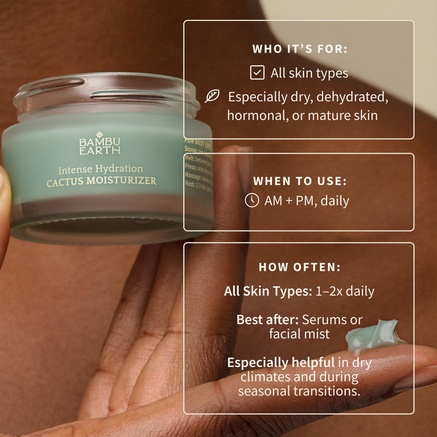 BAMBU EARTH Intense Hydration Cactus Face Moisturizer - Deeply Hydrate with Pressed Serum Formula - Skincare to Soften Texture, Balanced Complexion