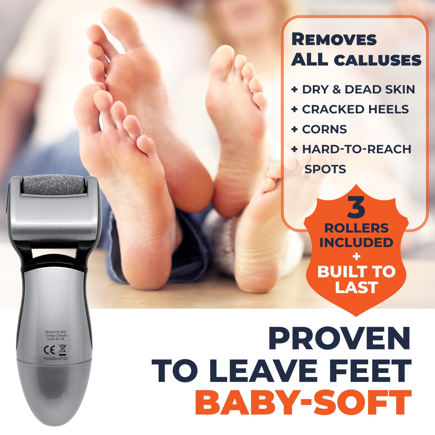 Electric Callus Remover: Rechargeable Electronic Foot File CR900 by Own Harmony(Tested Most Powerful) Best Pedicure Tools w 3 Rollers Professional