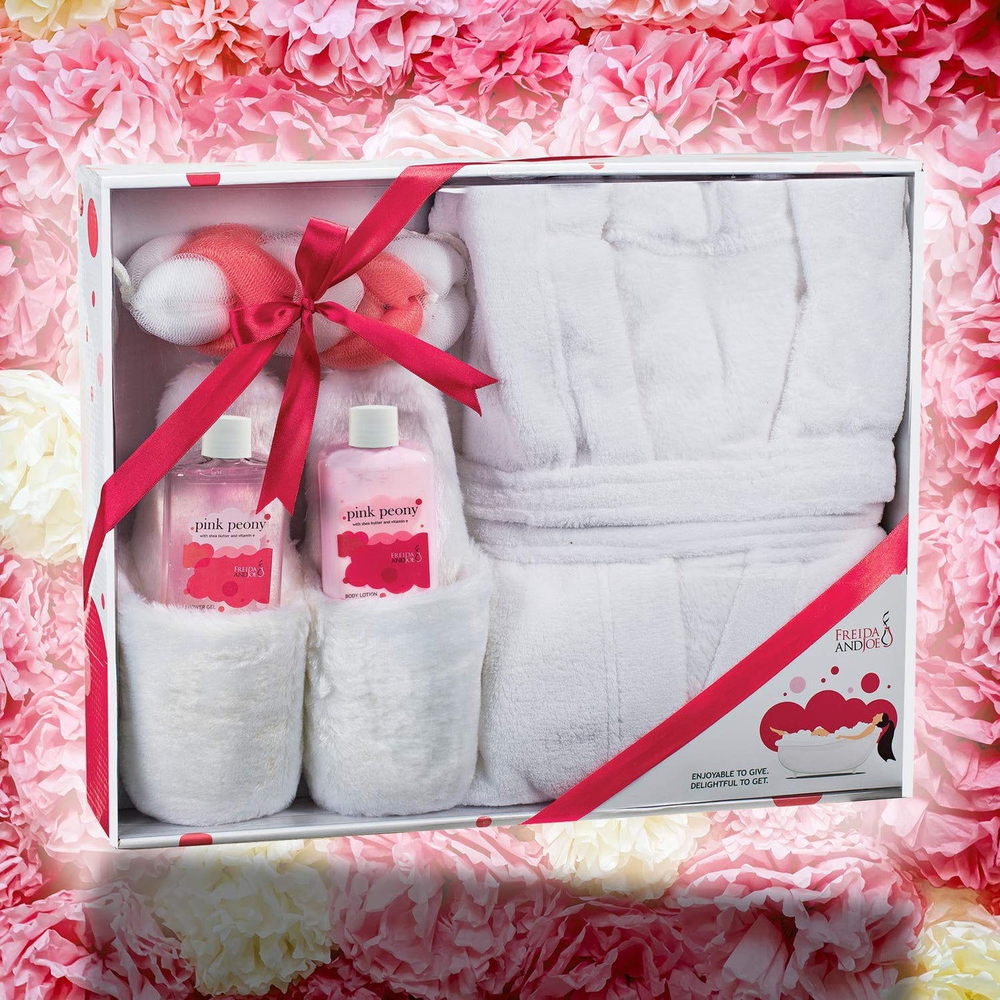Luxury Home Spa Gift Basket with Pink Peony Scent - Indulgent Ultra Soft Bathrobe & Plush Slipper Spa Box for Women - Complete Bath & Body Set Luxury