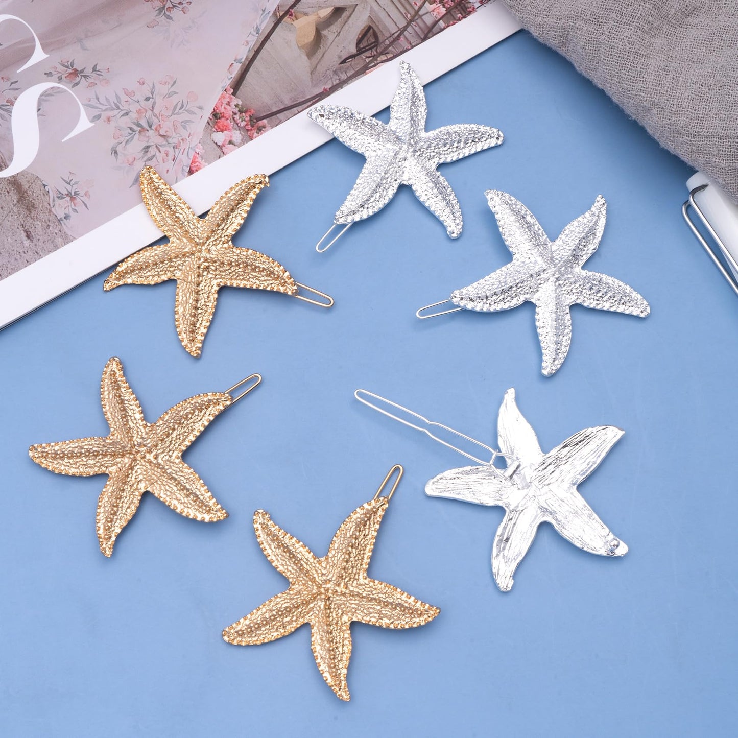 HINZIC 6PCS Starfish Hair Clips, Mermaid Sea Star Ponytail Holder Gold Silver Glitter Bangs Side Barrettes Hair Accessories for Women Halloween