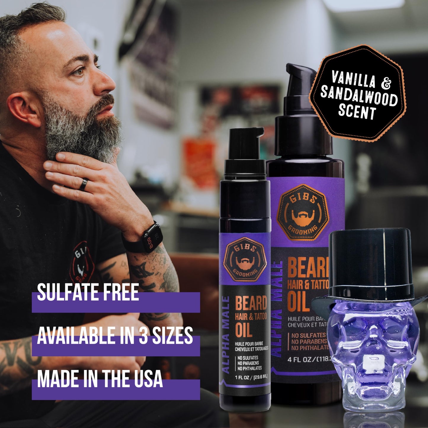 GIBS Grooming - Alpha Male Beard, Hair & Tattoo Oil (1 fl oz) - Softens, Strengthens, Protects - Skin Moisturizer - Vitamin C - UV Shield - Travel Beauty and Personal Care GIBS