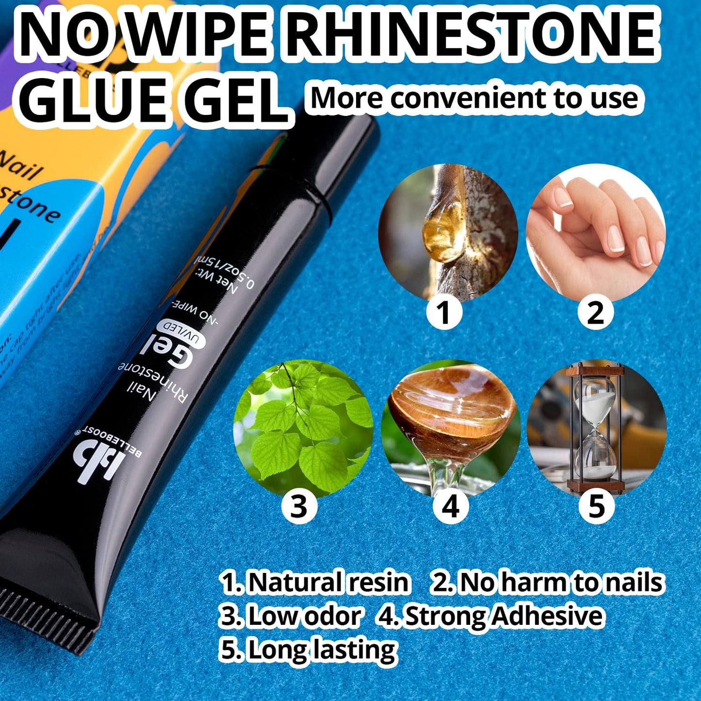 Nail Art Rhinestone Glue Gel&Flatback Gems Accessories Kit, 1 Tube of 15ml Rhinestone Gel Glue(UV/LED Needed)+1 Box of Flat-Back Round Glass Crystal