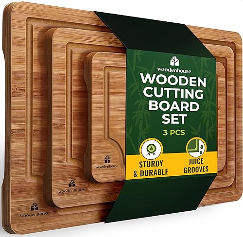 Wood Cutting Boards Set of 3 - Thick & Sturdy Bamboo Cutting Board with Deep Juice Grooves & Build-in Handles, Large Surface, Easy to Clean…
