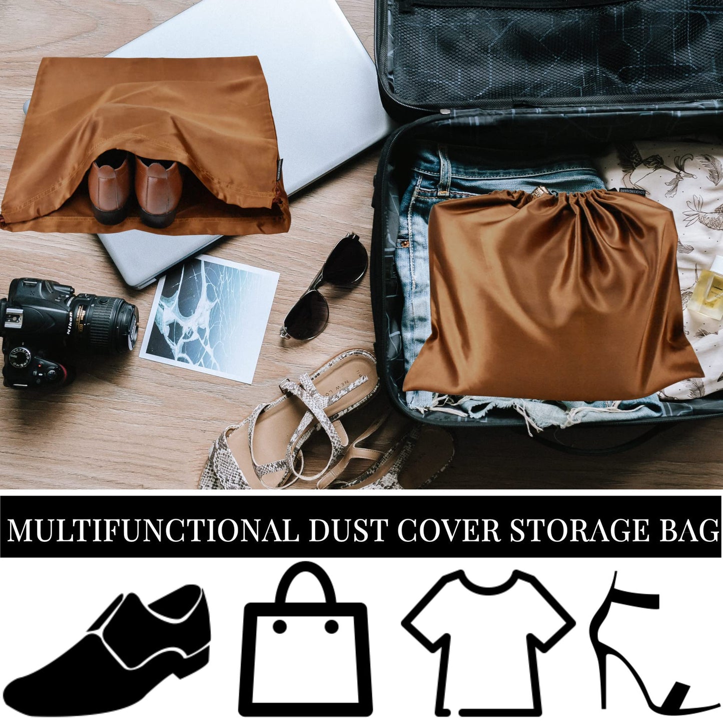 2 Pack Dust Bags for Handbags Silk Dust Cover Bag for Handbags Purses Shoes, Dustproof Drawstring Bag Travel Storage Pouch (Brown)