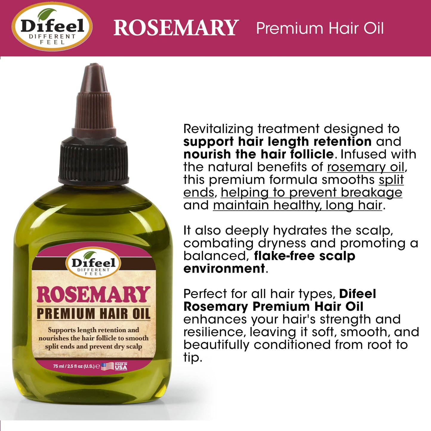 Difeel Rosemary Premium Hair Oil 2.5 oz. - Rosemary Oil Hair Treatment
