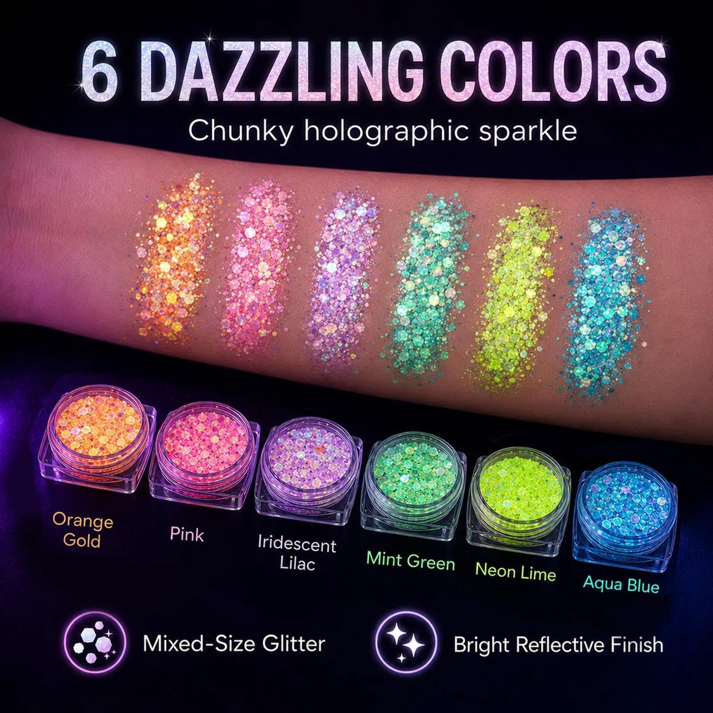 MiraWish 6 Colors Glow in The Dark Glitter Gel, Face & Body Glitter for Women, Neon Black Light Party Makeup, No Glue Needed, Easy Wash Off, Rave