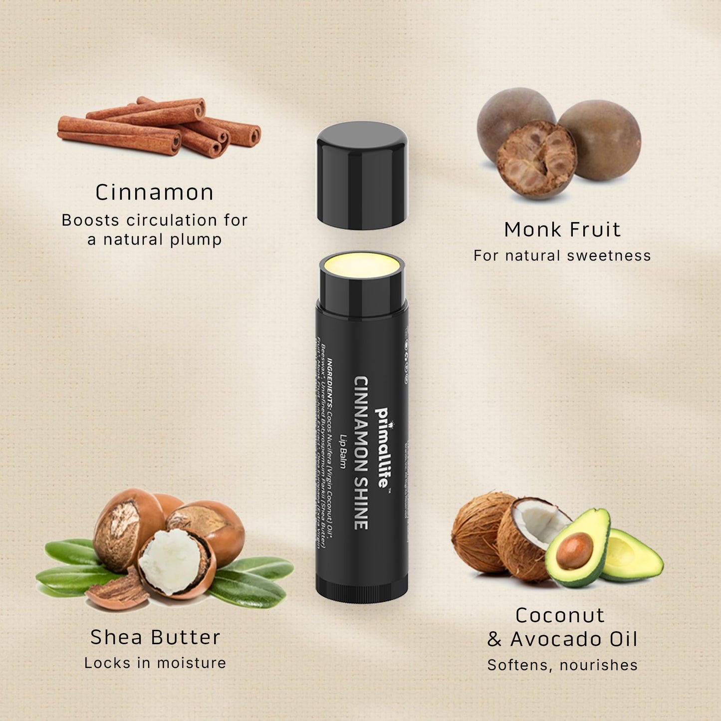 Primal Life Organics - Lip Balm, Hydrating Lip Care with Shea Butter, Beeswax, Coconut Oil, All-Day Moisturizing (Cinnamon) (Non-Tinted, 0.15 Ounce