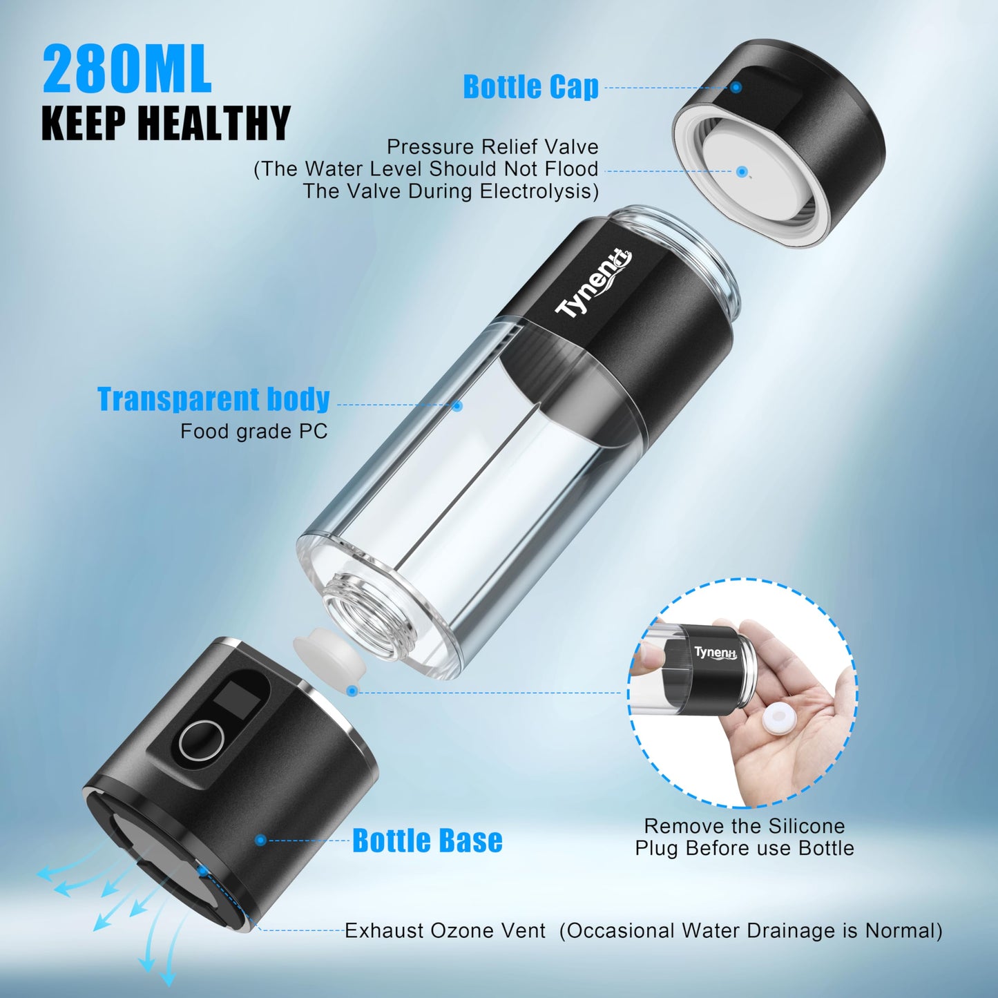 Portable Hydrogen Water Bottle Generator: 280ML Water lonizer Machine with 5800PPB+,SPE/PEM Technology,5/10min,Rechargeable Aquahealth Hydrogen