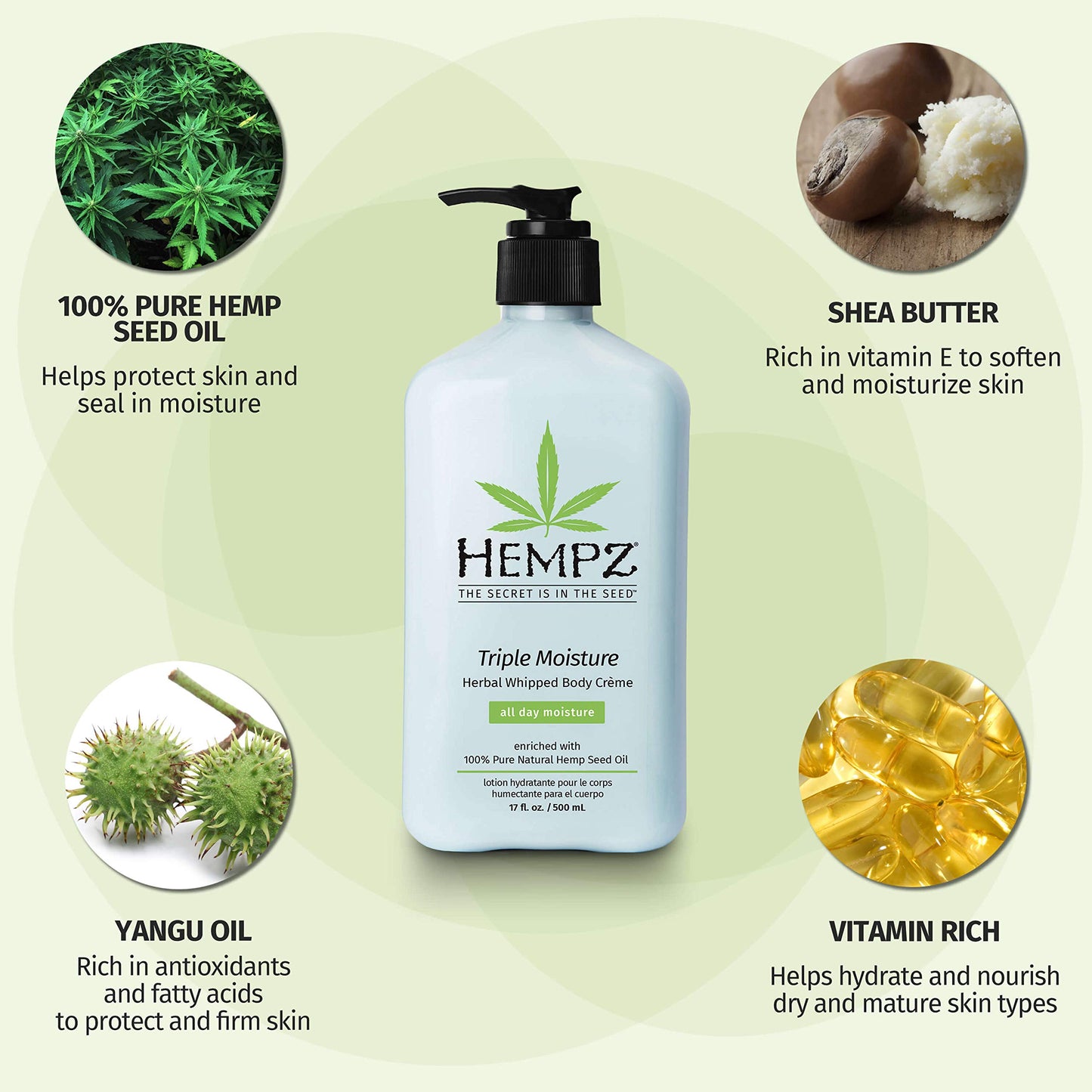 Hempz Natural Triple Moisture Herbal Whipped Body Cream with 100% Pure Hemp Seed Oil for 24-Hour Hydration, Moisturizing Vegan Skin Lotion with Yangu