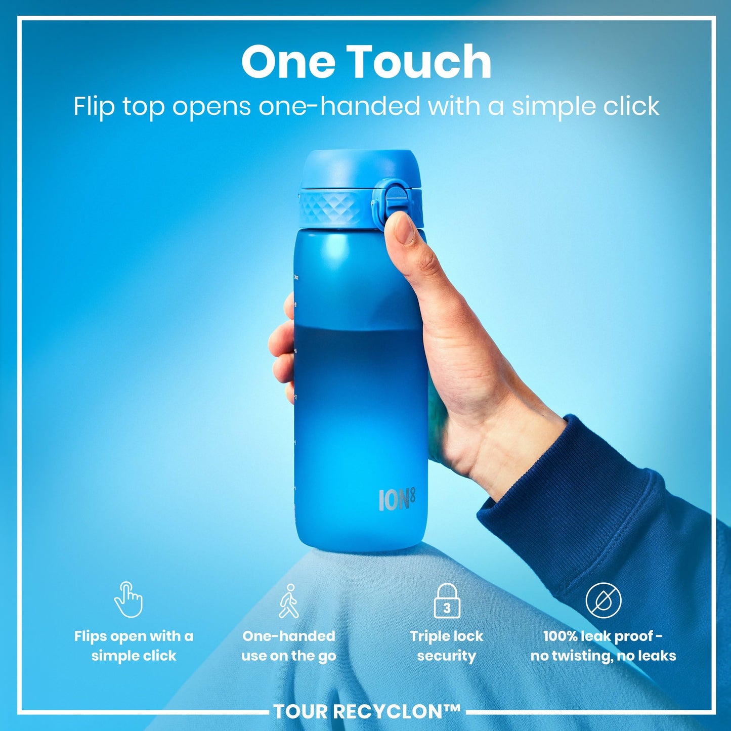Ion8 Water Bottle, 750 ml/24 oz, Leak Proof, Easy to Open, Secure Lock, Dishwasher Safe, BPA Free, Flip Cover, Carry Handle, Soft Touch Contoured