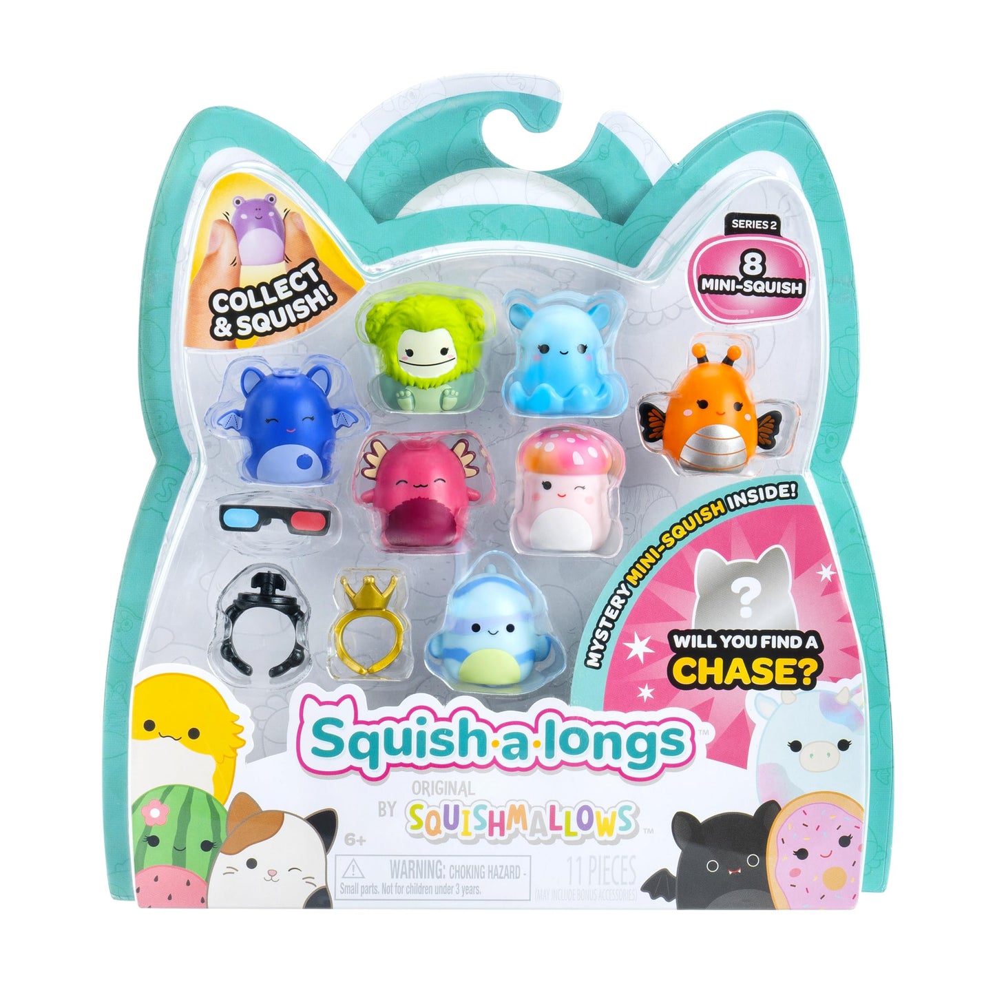 Squish-a-longs 8 Pack (Style 2- W2) - (8) 1” Mini-Squish with (2) Accessories, (1) Ring, and a Collector’s Guide - Collect, Trade, & Play