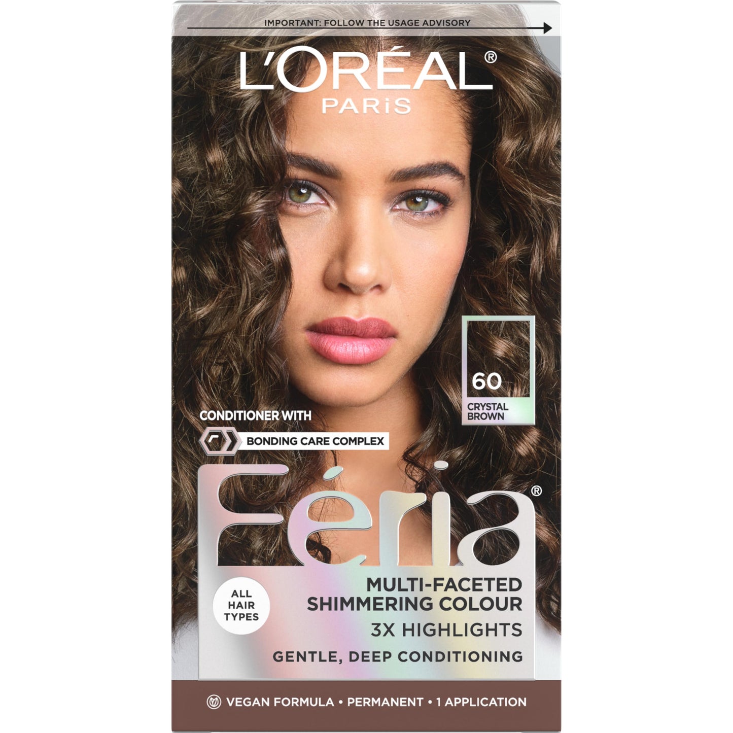 L'Oreal Paris Feria Multi-Faceted Shimmering Permanent Hair Color, 60 Crystal Brown (Light Brown), Pack of 1 Hair Dye Kit