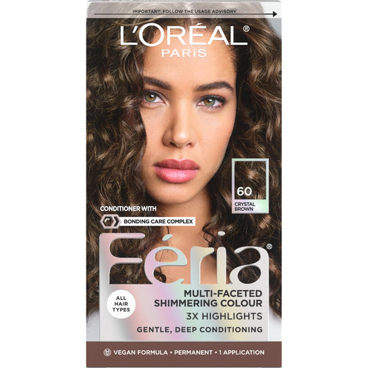 L'Oreal Paris Feria Multi-Faceted Shimmering Permanent Hair Color, 60 Crystal Brown (Light Brown), Pack of 1 Hair Dye Kit