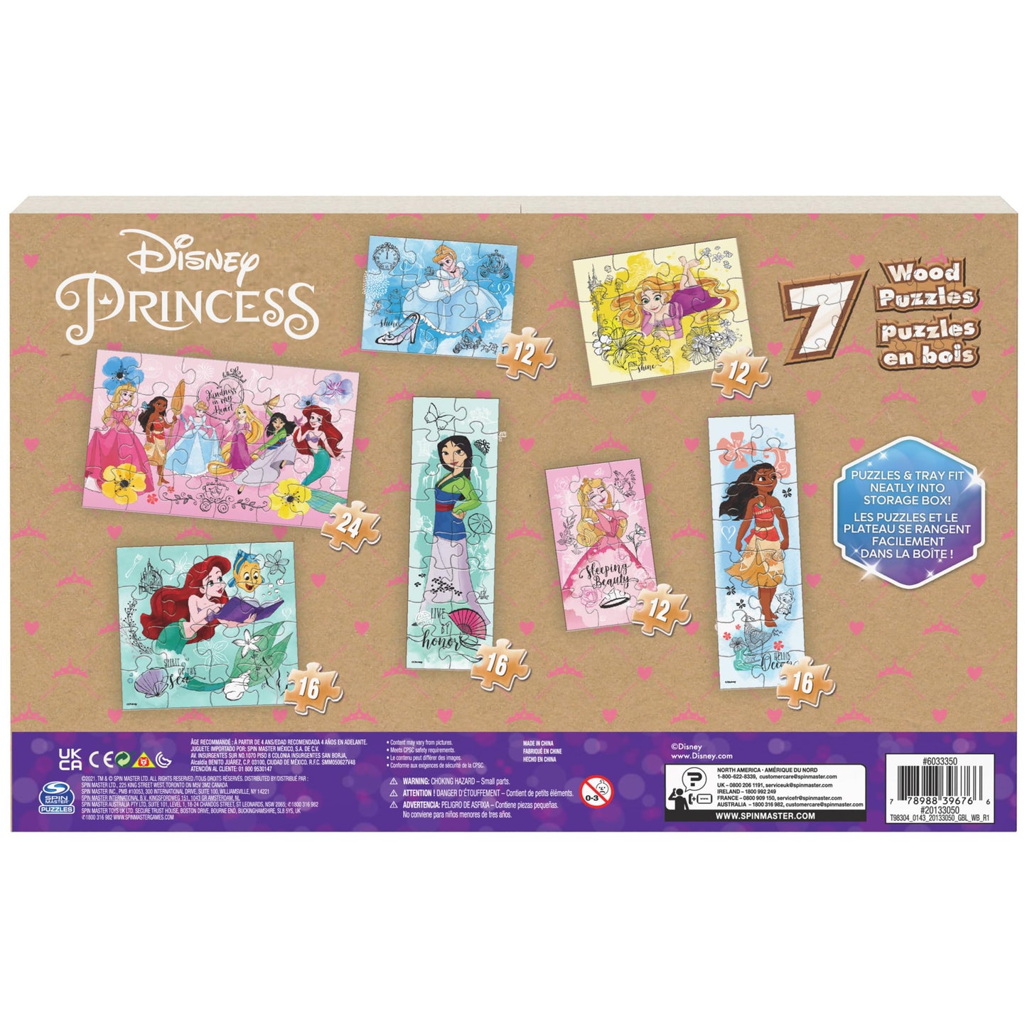 Spin Master Disney Princess Puzzle Set, 7-Pack Jigsaw for Kids Ages 4+, 12/16/24 Piece Puzzles with Ariel, Rapunzel, Tiana & More, Storage Tray