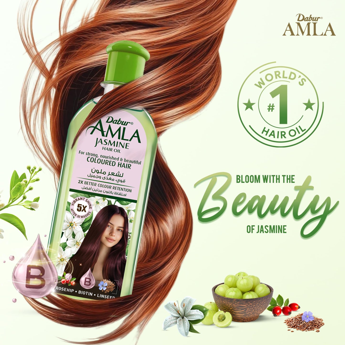 Dabur Amla Jasmine Hair Oil - Indian Hair Treatment for Healthy Hair, Moisturized Scalp, and Strengthening, Men and Women, 10.14 Fl Oz