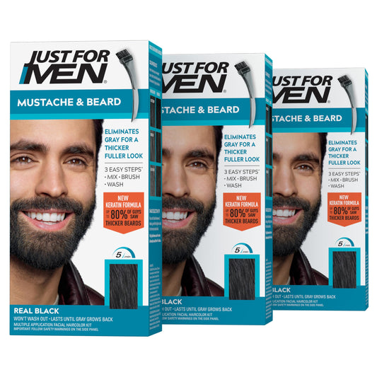 Just For Men Mustache & Beard, Beard Coloring for Gray Hair with Brush, With Keratin Biotin Aloe and Coconut Oil for Healthy Facial Hair - Real Black