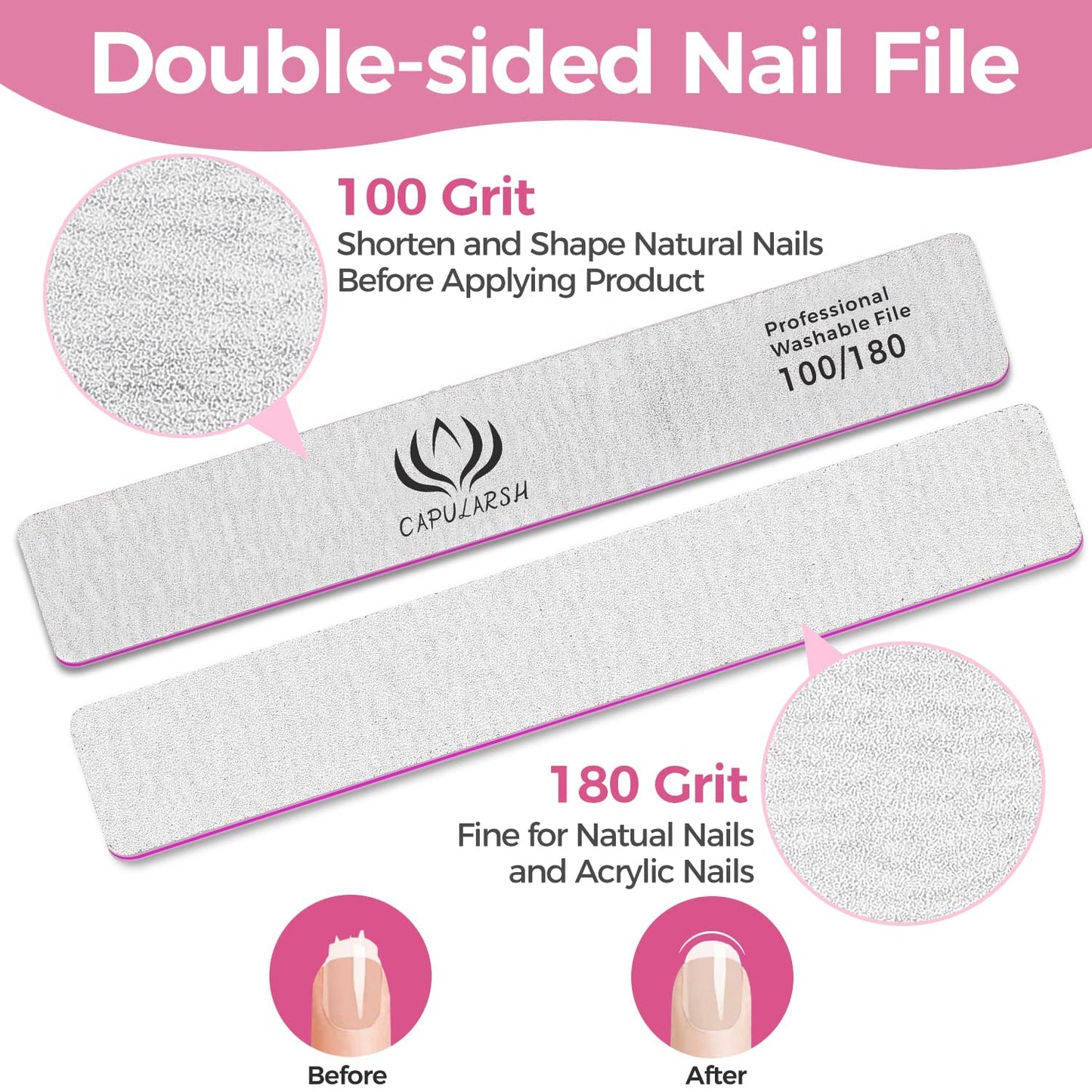 18pcs Nail File for Acrylic Nails - Capularsh 100/180 Grit Professional Double Side Emery Boards, Reusable Coarse Nail File for Acrylic Gel Dip False