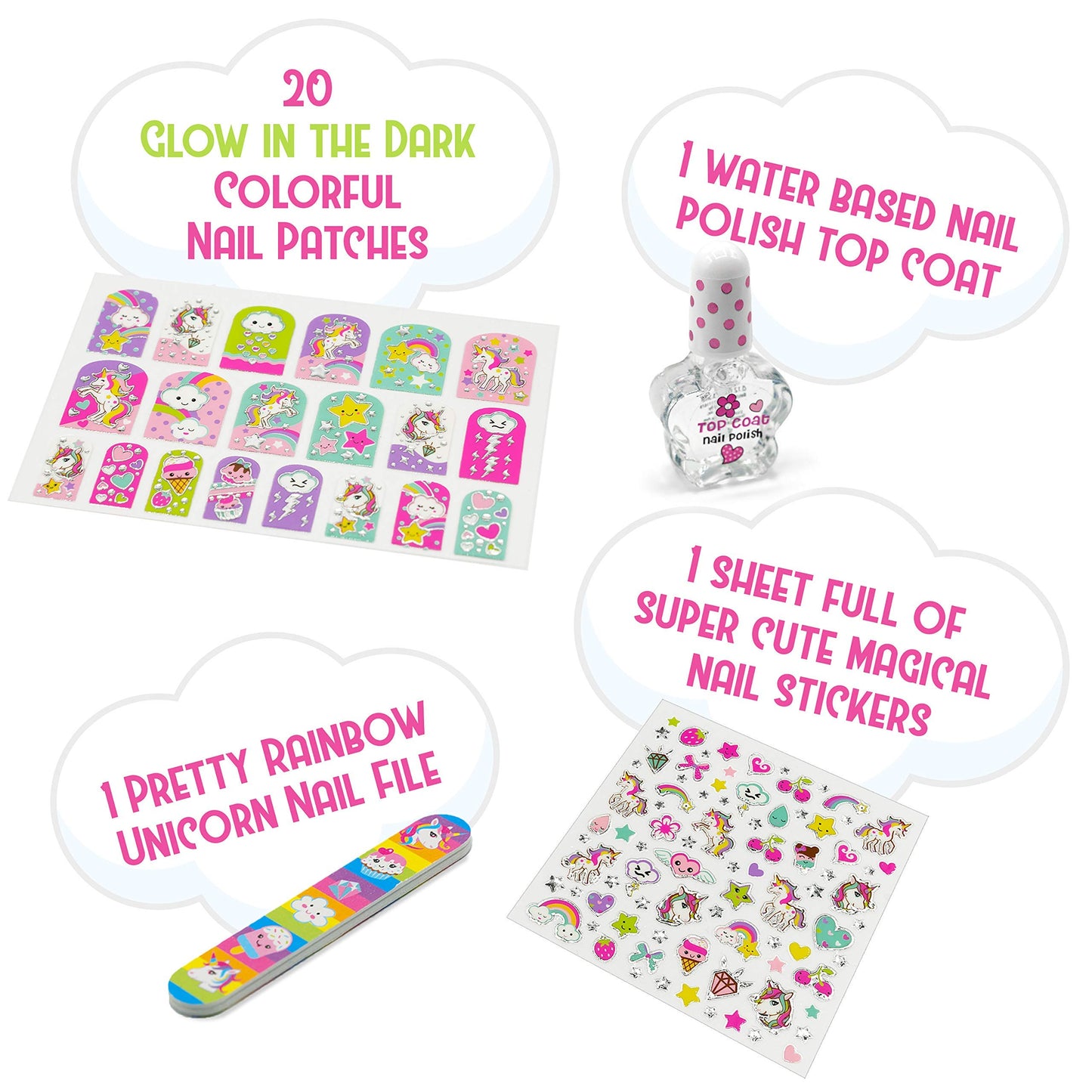 Hot Focus Unicorn Nail Kit - Kids Nail Polish Set for Girls Ages 5 6 7-12 with 77+ Pieces, Spa Kit, Nail Art Decoration Set, Glow-in-the-dark