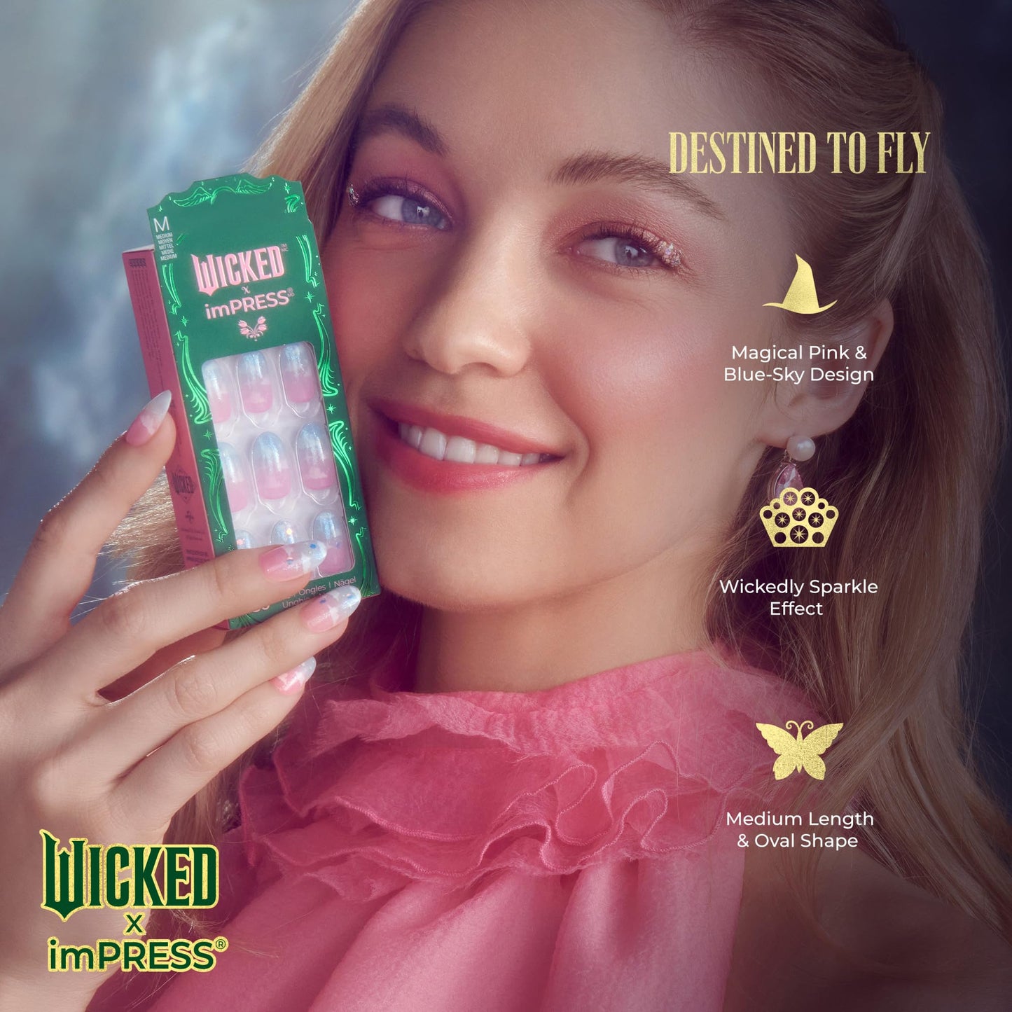 WICKED X imPRESS Press On Nails, New Improved Adhesive, Up To 10 Day Hold, ‘Destined To Fly’, Pink/Sky Blue, Medium Oval, Includes 30 Fake Nails, 1 Beauty & Personal Care imPRESS