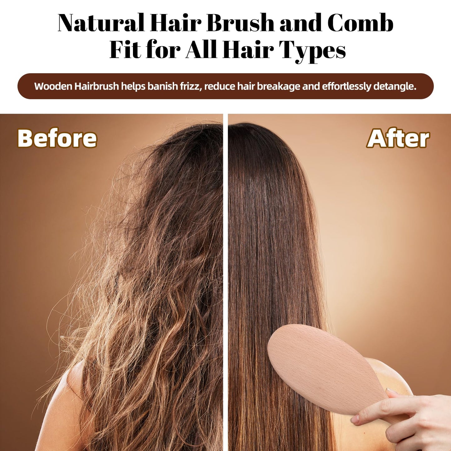 vklw Wooden Hair Brush and Comb, One-piece Design, Reduce Frizz and Static, Massage Scalp, Detangling Paddle Hairbrush for Women, Girls, Kids